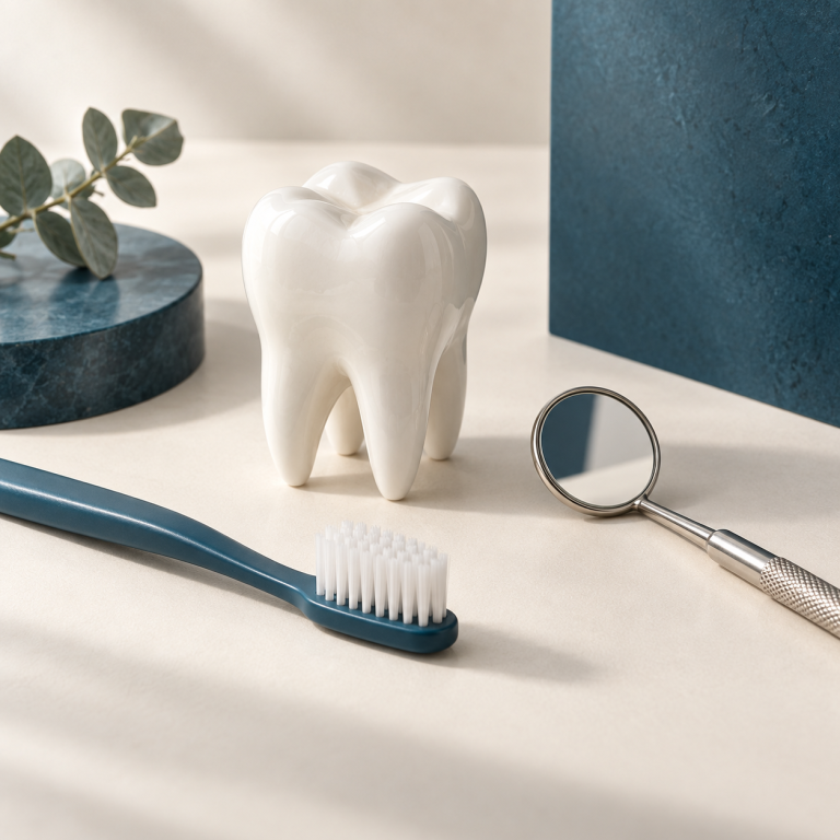 Dente in ceramica, spazzolino e specchietto su una superficie chiara, simboli della salute orale.